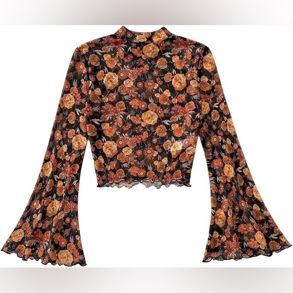 verdosa Tops - Floral Bell Sleeve Top - Black and Orange